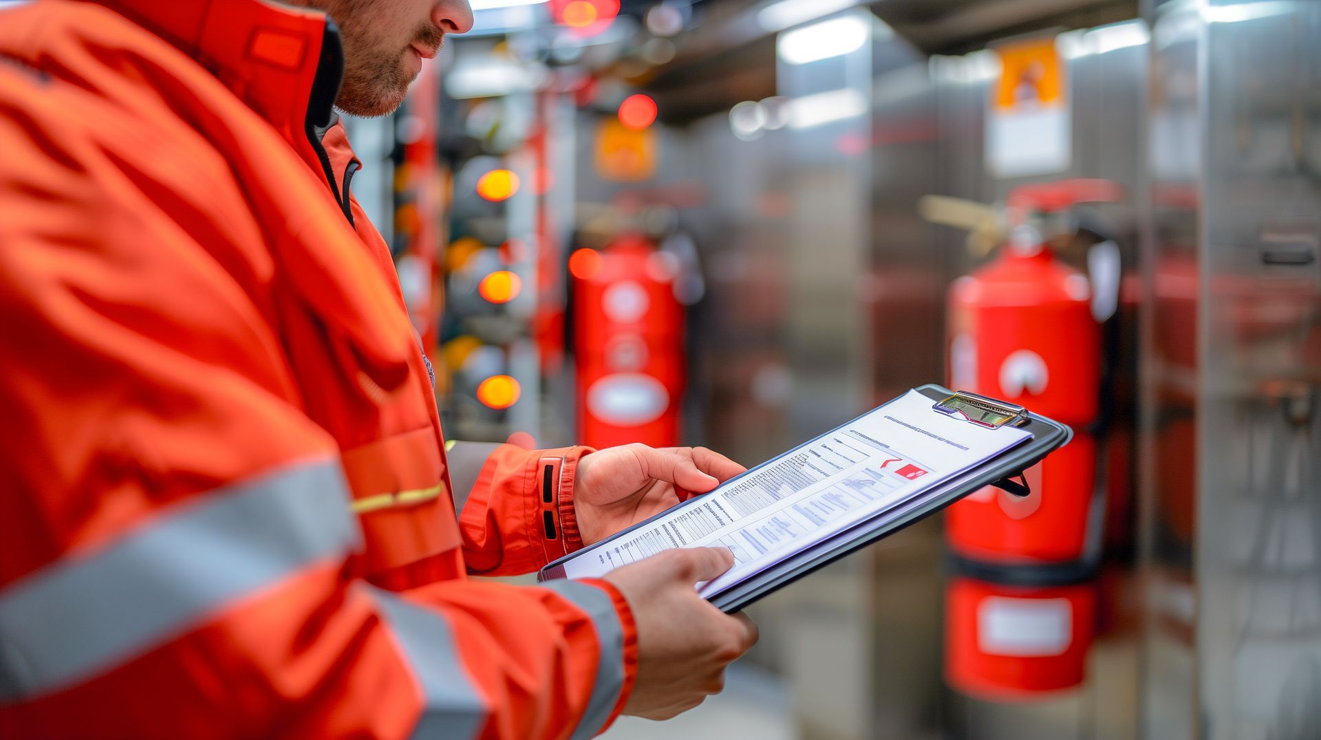 Safety inspector reviewing a checklist near fire extinguishers in a facility. Safety inspector reviewing a checklist near fire extinguishers in a facility.
