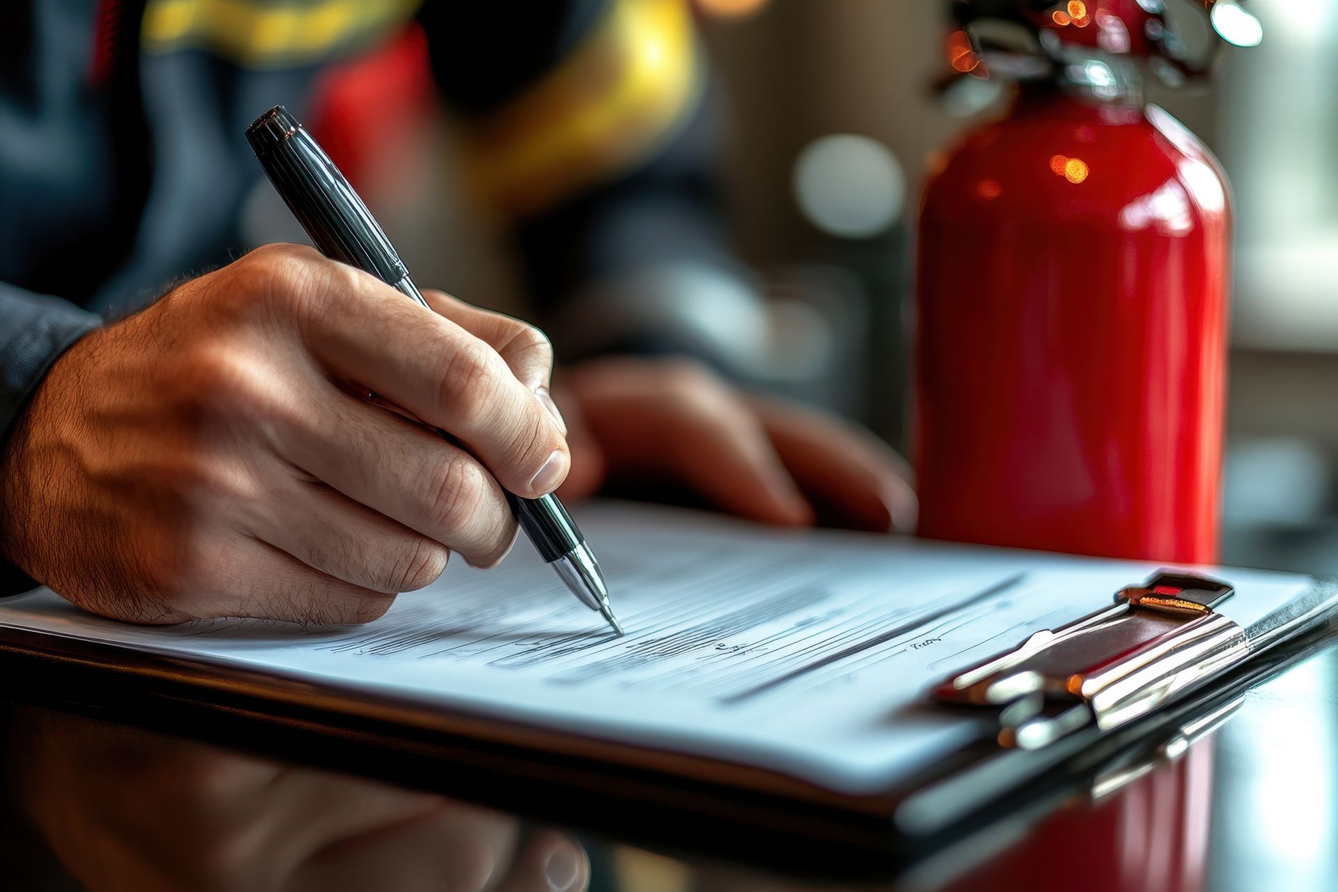 Close-up of a hand filling out a form on a clipboard beside a red fire extinguisher. Close-up of a hand filling out a form on a clipboard beside a red fire extinguisher.