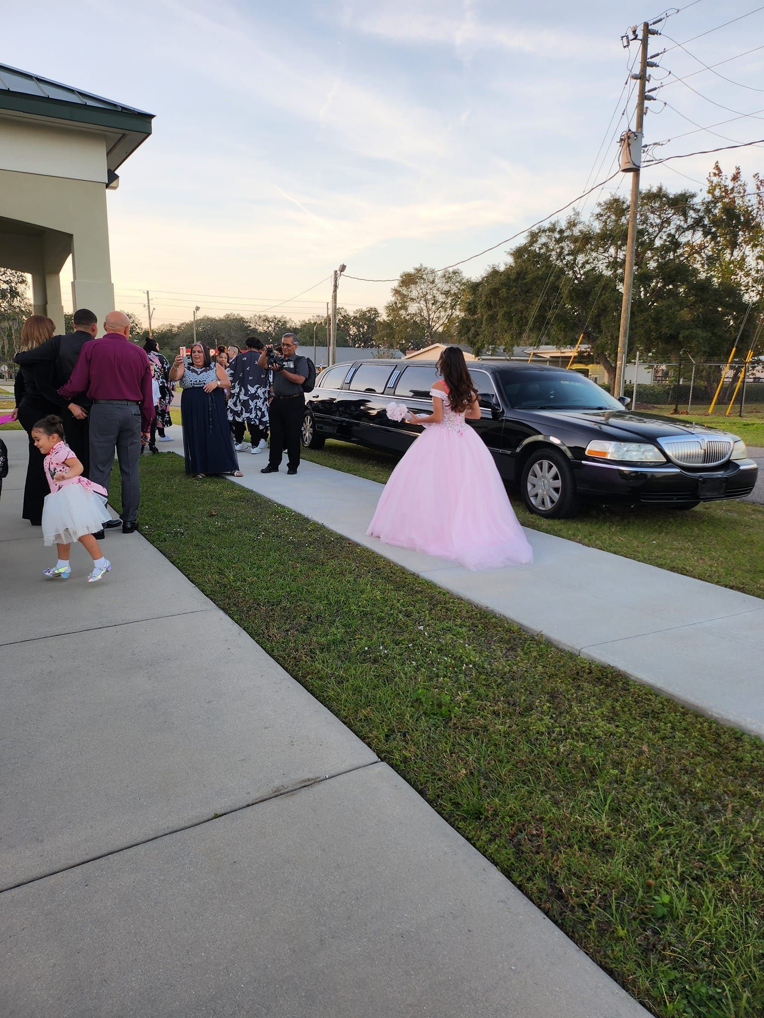 a woman in a pink dress is walking towards a black limousine