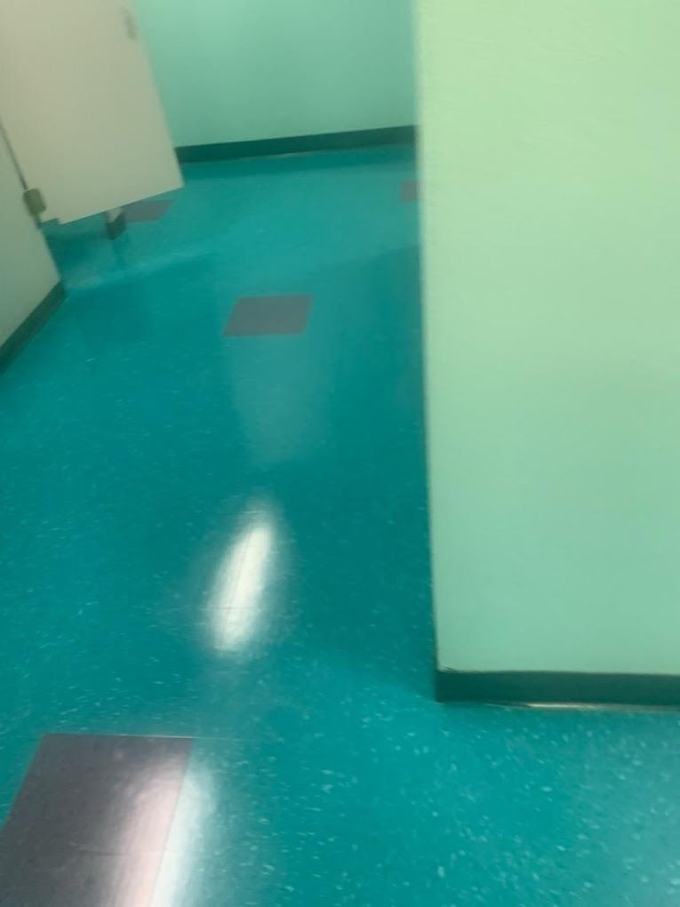 A room with a blue floor and green walls.
