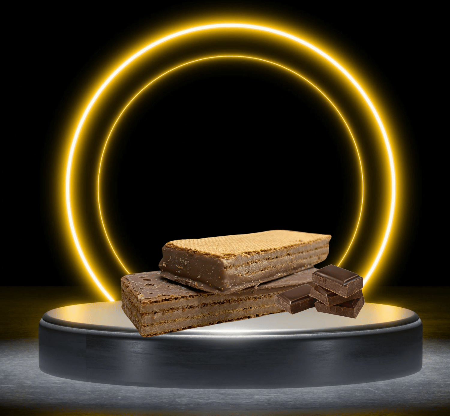 Een stapel chocoladewafels op een podium met de code n4u25