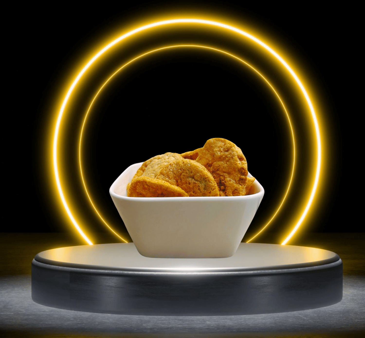 Een kom met eten met een lichtgevende cirkel eromheen