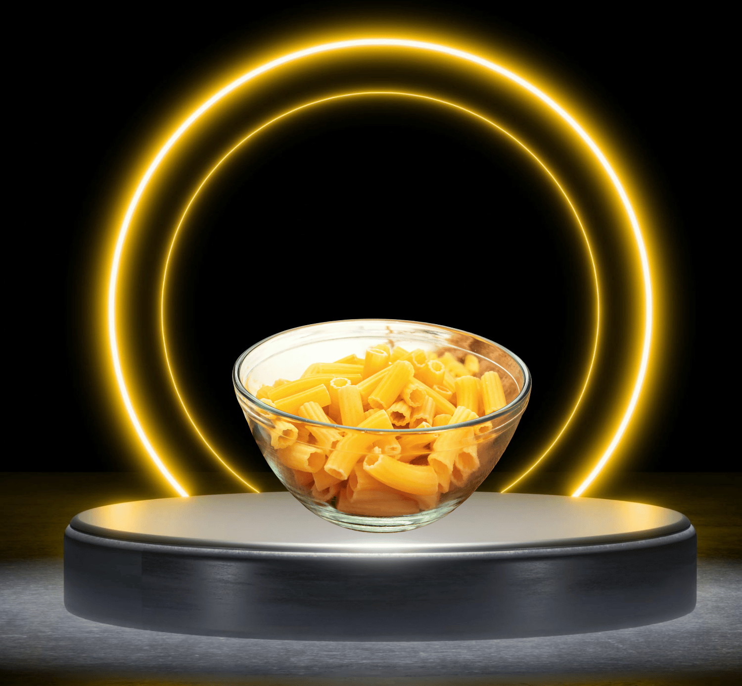 Een kom macaroni met kaas staat op een podium met een lichtgevende cirkel eromheen.