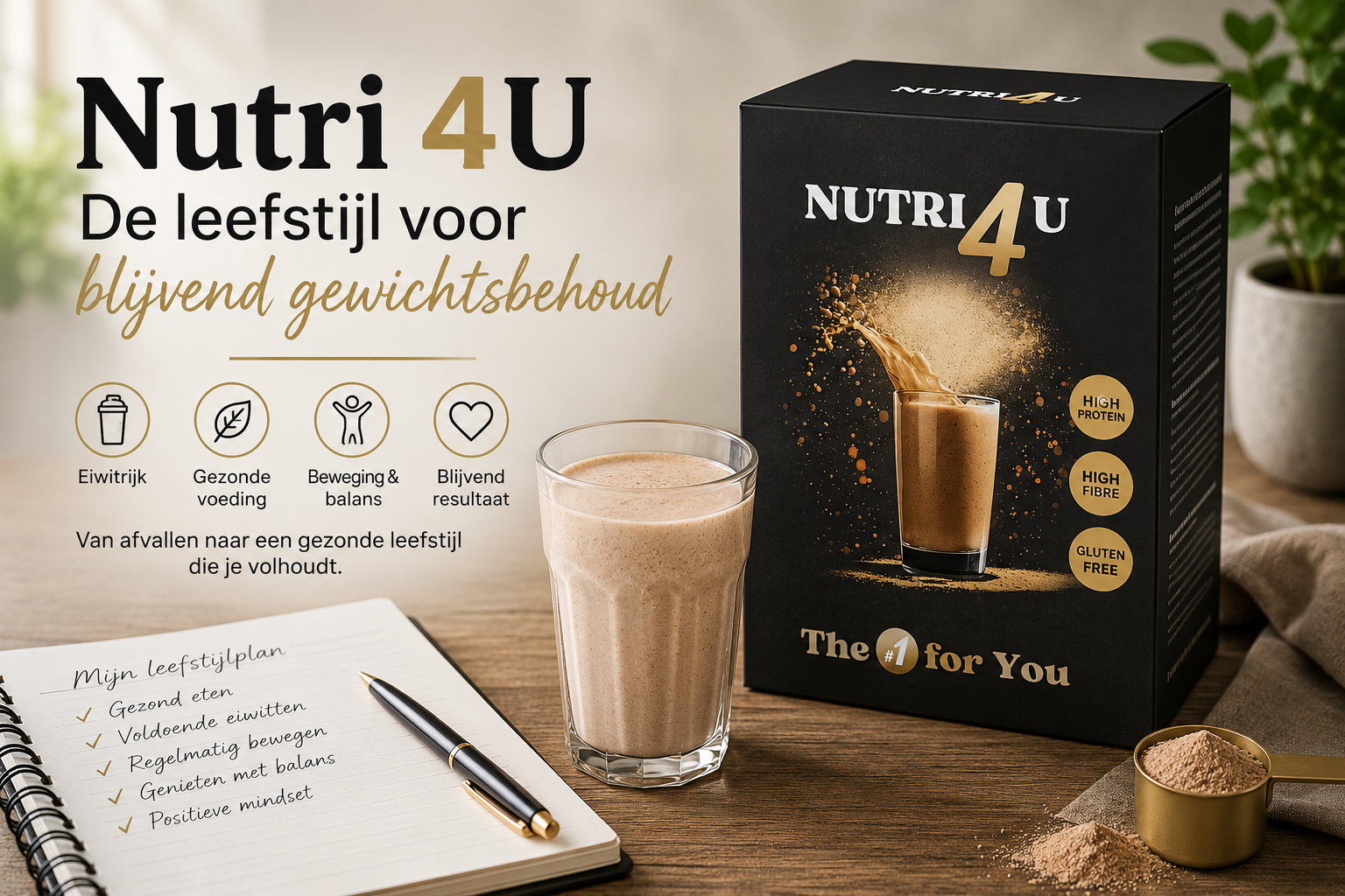Nutri4U weight-loss lifestyle product ad with black box, shake, notebook, and Dutch text on a wooden table