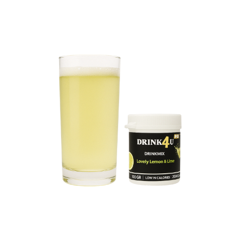 Een potje drink 4u drinkmix lemon & lime in de spotlight.