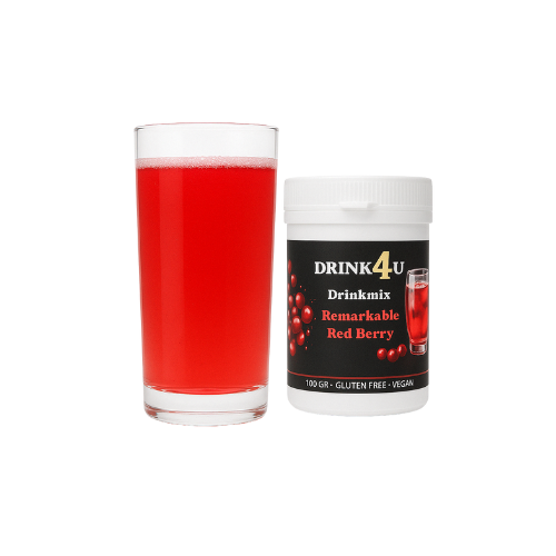 Een potje drink 4u drinkmix met Red Berry smaak