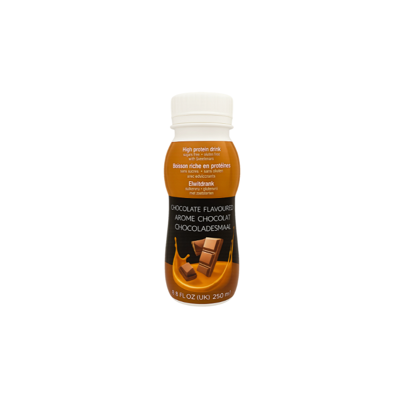 Een fles chocolade shake, makkelijk voor onderweg.