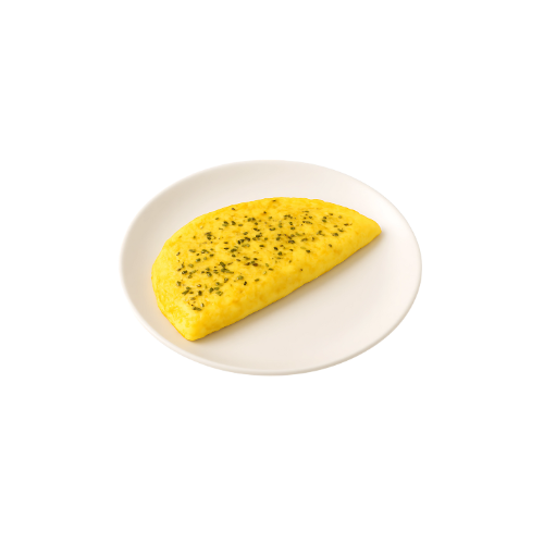 Een wit bord met een omelet erop en een bordje met de tekst 1.99 met code n4u25