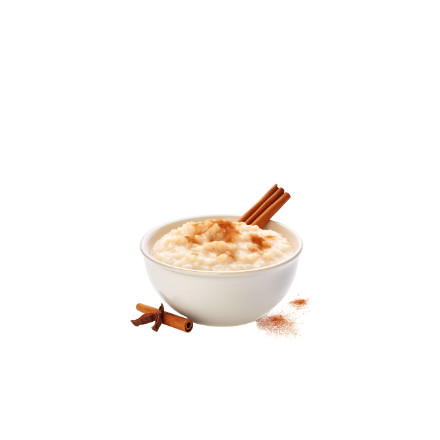 Een kom maaltijdvervangende rijstpudding met kaneelstokjes erin
