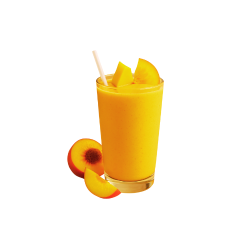 Een proteïne shake in de smaak perzik mango met een rietje en perzik en mango schijfjes.