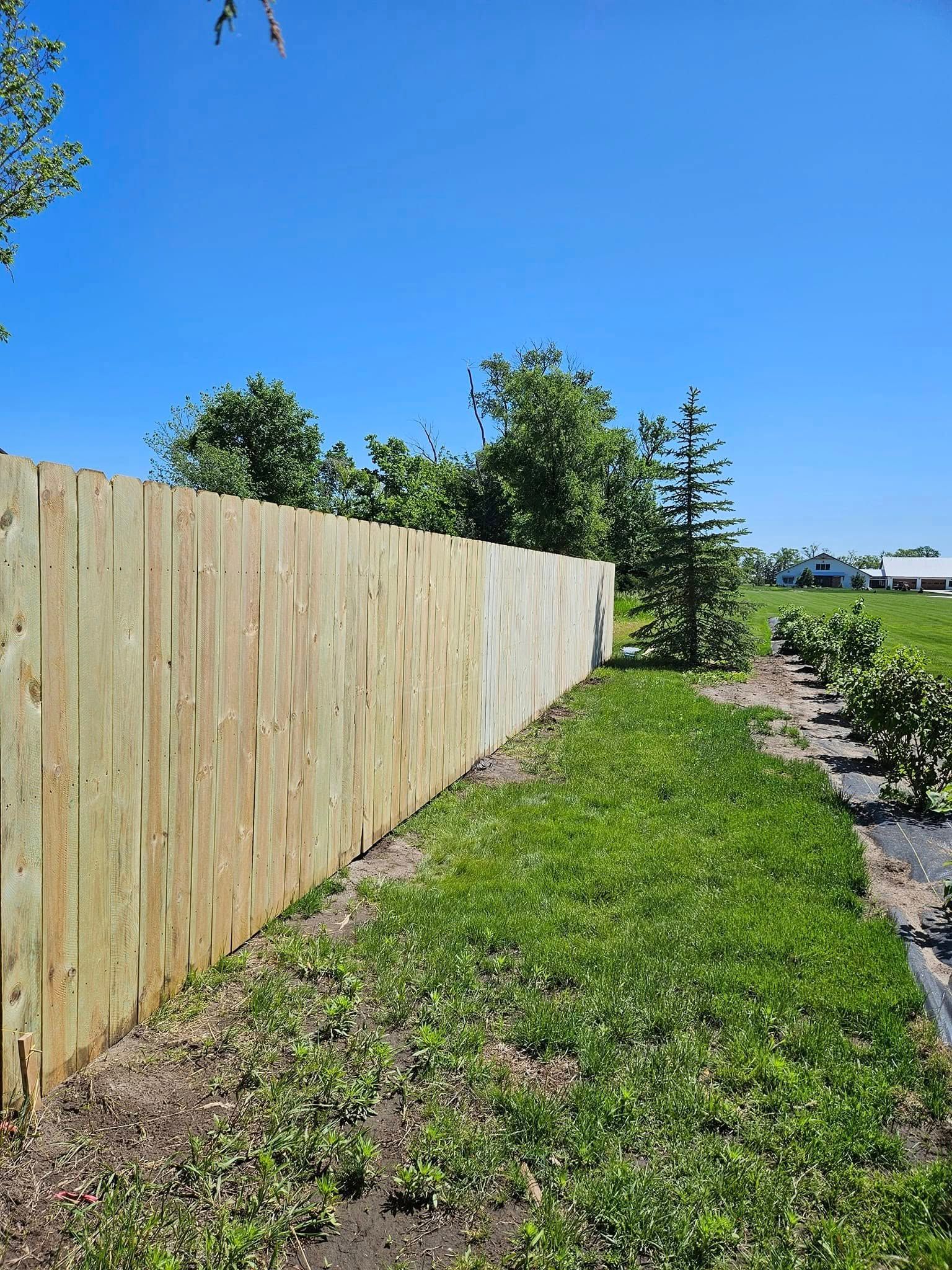 Wooden fence in a grassy yard under a clear blue sky.