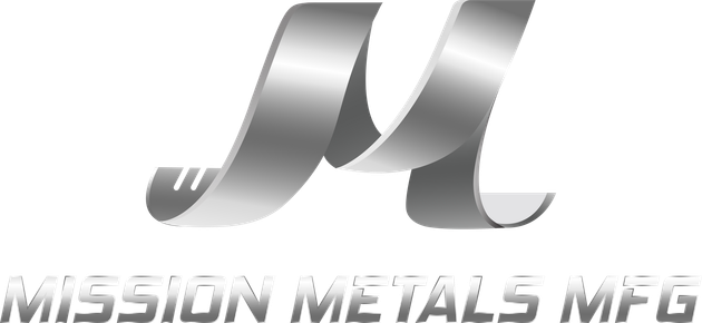 A logo for mission metals mfg with a silver letter m on a white background.