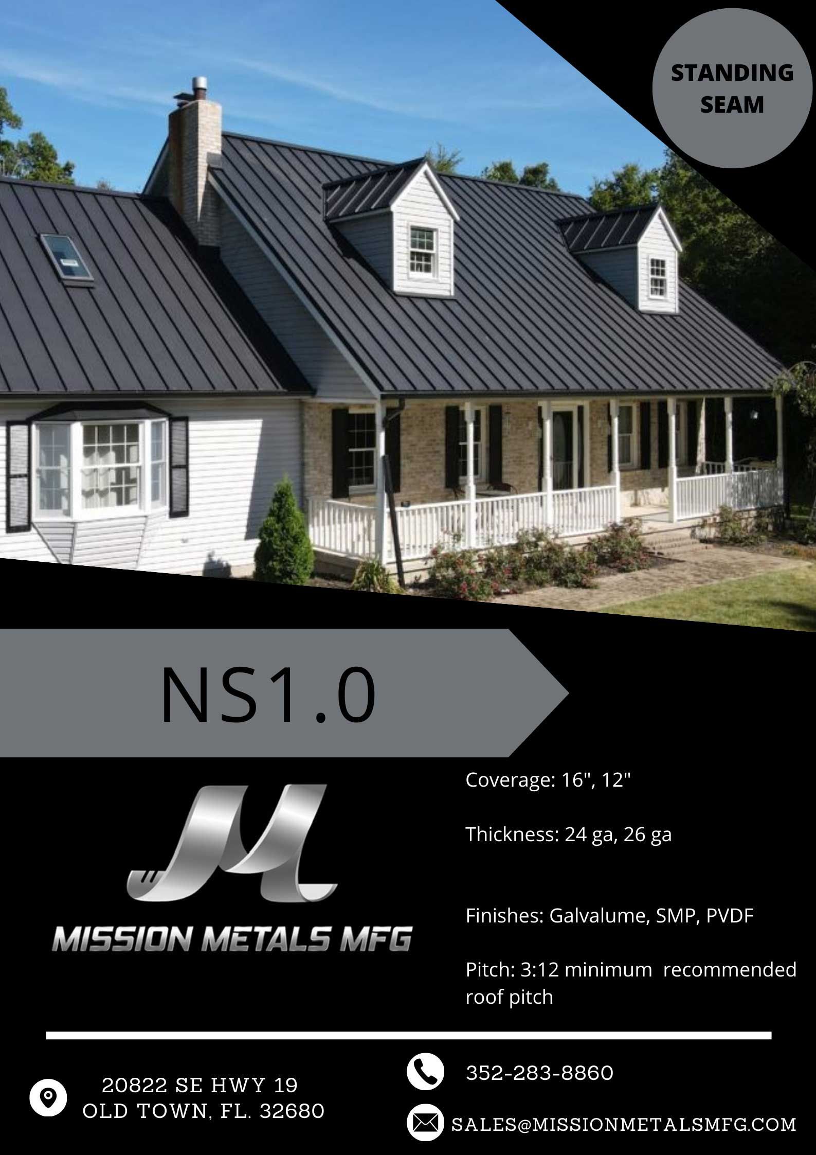 A flyer for mission metals mfg shows a house with a black roof