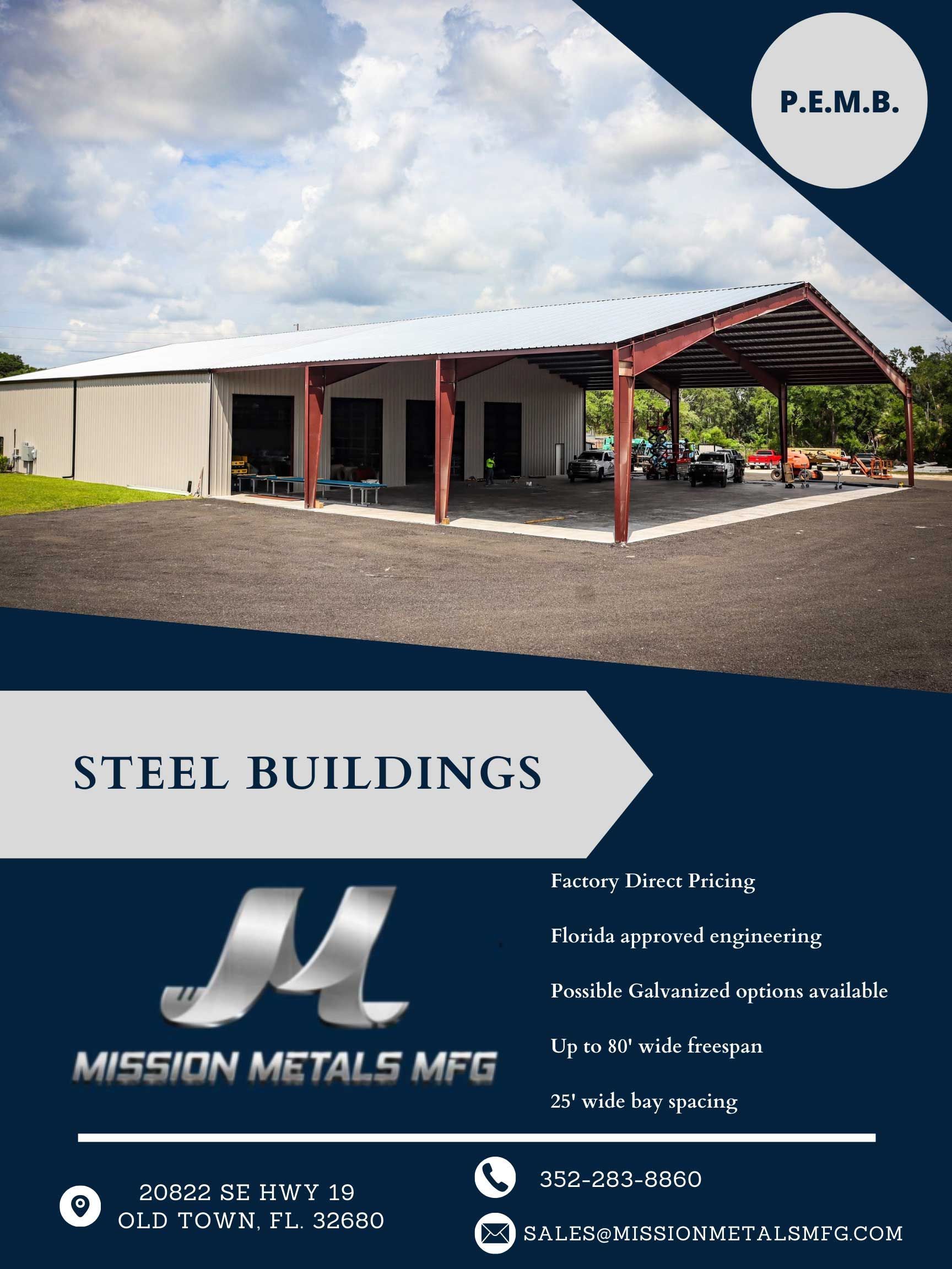 A flyer for mission metals mfg shows a steel building