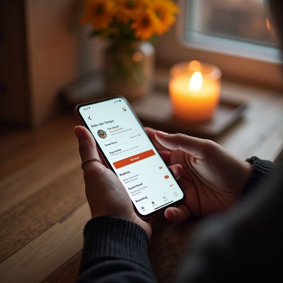 Hands holding a phone displaying an app. In the background, a lit candle and flowers sit by a window on a wooden surface.