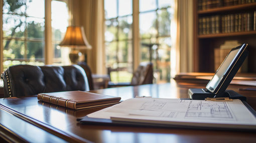 Sunlit office desk with open book, framed document, tablet, and leather chair near bookshelves and window