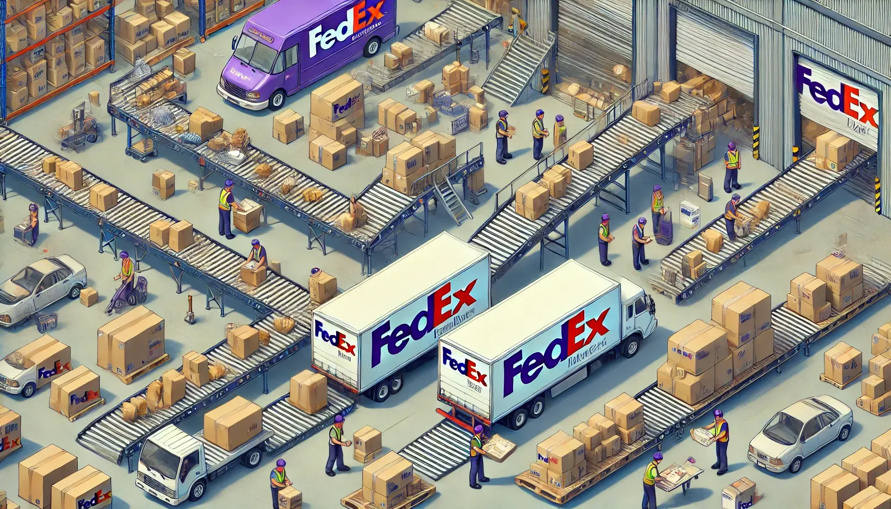 A fedex warehouse filled with lots of boxes and trucks.