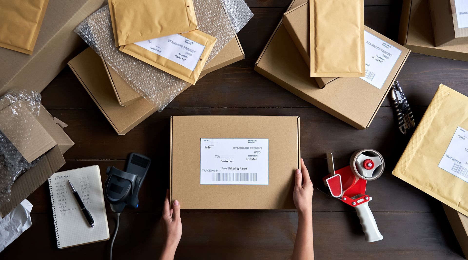 Woman taping shipping label to box