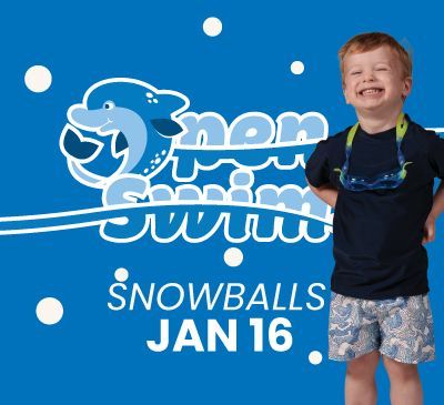 Boy with swim goggles smiles next to a blue “Snow Swim” logo and text: “Snowballs Jan 16”.