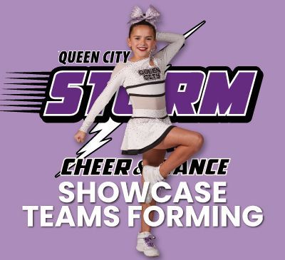 Cheerleader in white uniform, kicking mid-air, purple logo: Queen City Storm Cheer & Dance,