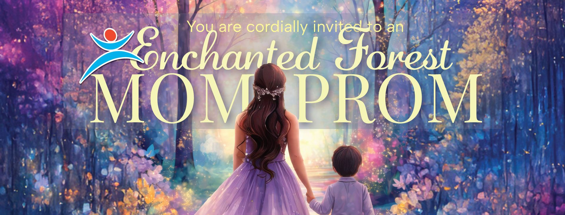 An invitation to an Enchanted Forest Mom Prom, featuring a person in a purple dress holding a child's hand in a forest.