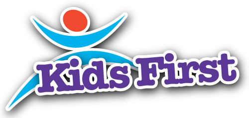 Logo for KidsFirst Sports Center: blue arch over purple text, red/white outlined 