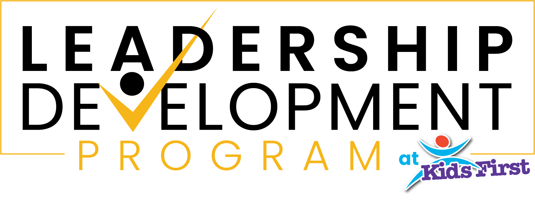 A logo for a leadership development program with a yellow check mark.