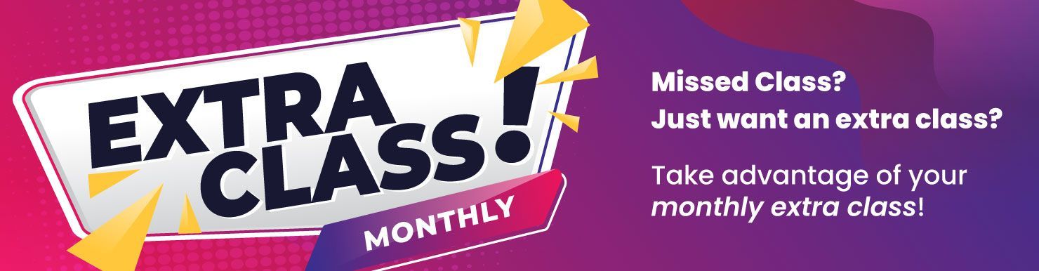 A sign that says `` extra class monthly '' on a purple background.