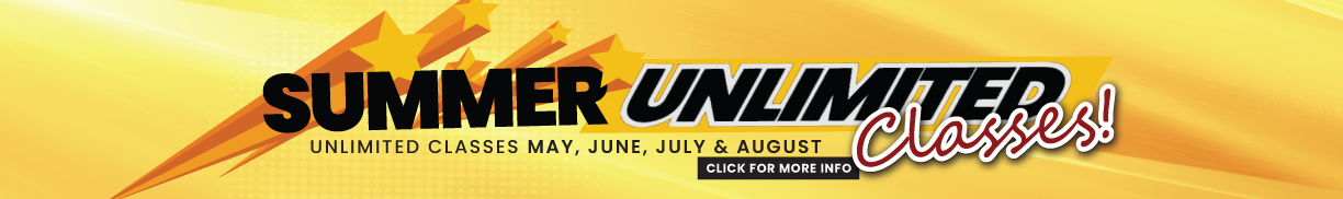 Summer Unlimited Classes banner on yellow background with black and white text and colorful swooshes