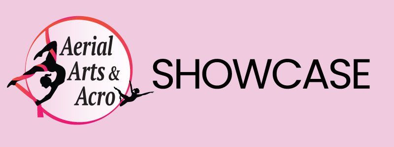 Logo for Aerial Arts & Acro Showcase. Features a pink background, text, and gymnast silhouette.