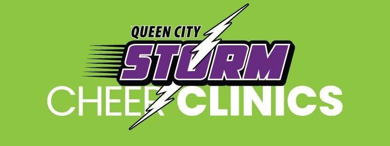 Logo for Queen City Storm Cheer Clinics featuring purple text and a lightning bolt on a lime green background.