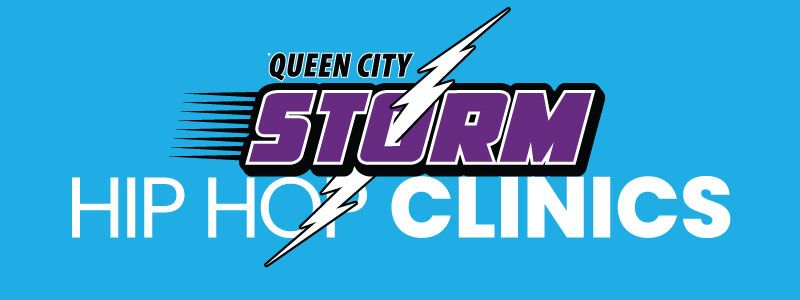 Logo for Queen City Storm Hip Hop Clinics with purple text and a white lightning bolt on a bright blue background.