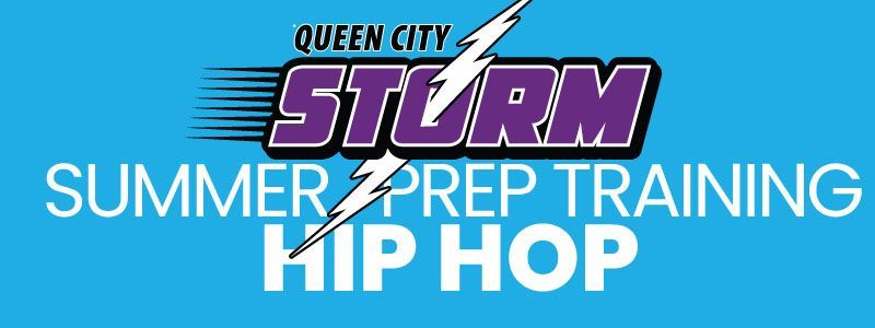 Queen City Storm logo on blue background with “Summer Prep Training” and “Hip Hop” text