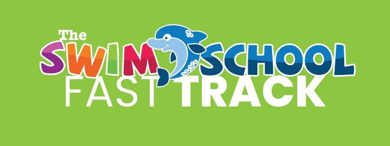 Logo for The Swim School Fast Track with a dolphin and colorful text on a green background.