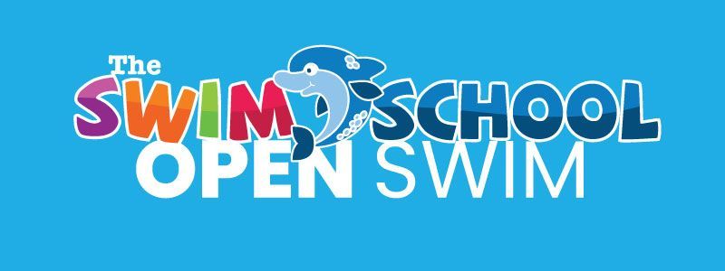 Logo for The Swim School with text and a dolphin on a blue background.