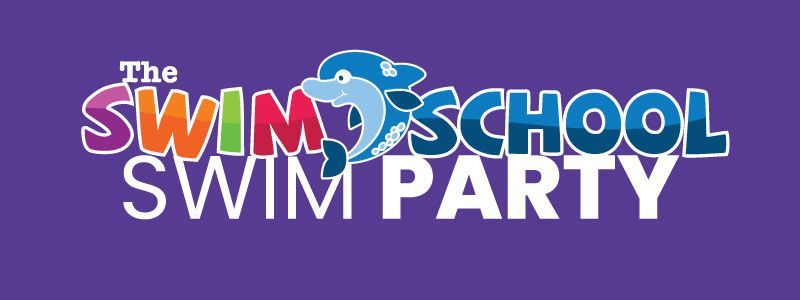 The Swim School swim party logo with a dolphin illustration on a purple background.