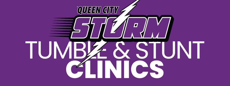 Queen City Storm Tumble & Stunt Clinics logo in purple and white on a black background