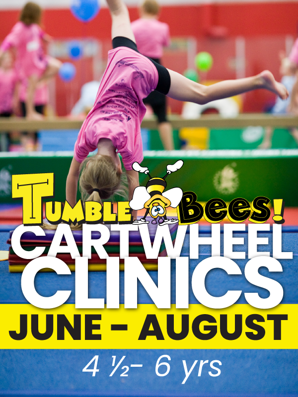 Cartwheel clinics poster with a child doing a cartwheel in pink, June–August, ages 4½–6