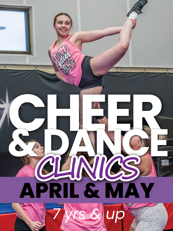 Cheer and dance clinics poster with dancer in pink pose, April and May, 7 yrs & up