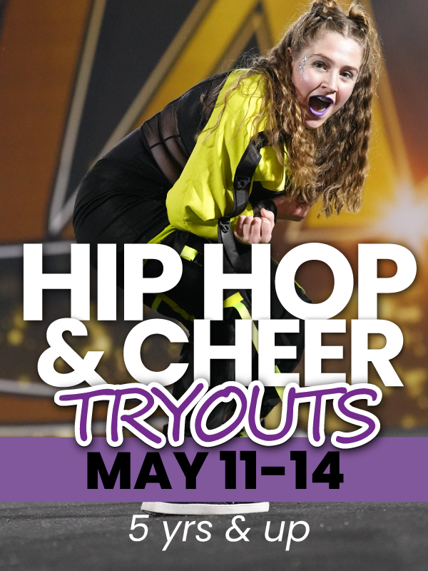 Hip hop and cheer tryouts poster with dancer in yellow, May 11–14, ages 5 and up