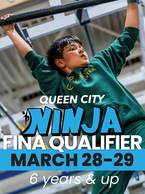 Boy in green sweatshirt hangs from bar, advertising Queen City Ninja competition, March 28-29, for ages 6+.