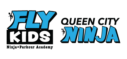 Logo for Fly Kids Ninja + Parkour Academy, with blue and black lettering.