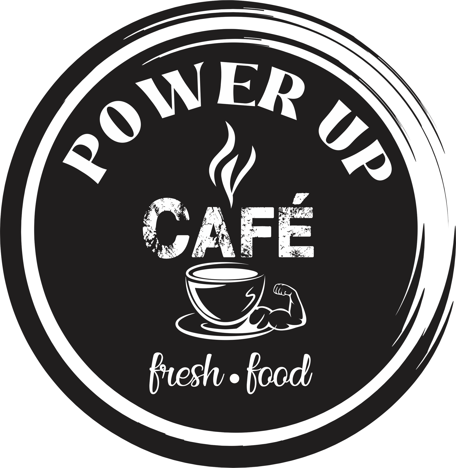 Power Up Café logo: Black circle with white text and a coffee cup graphic.