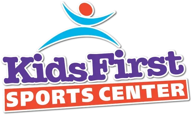 Logo for KidsFirst Sports Center: blue arch over purple text, red/white outlined 