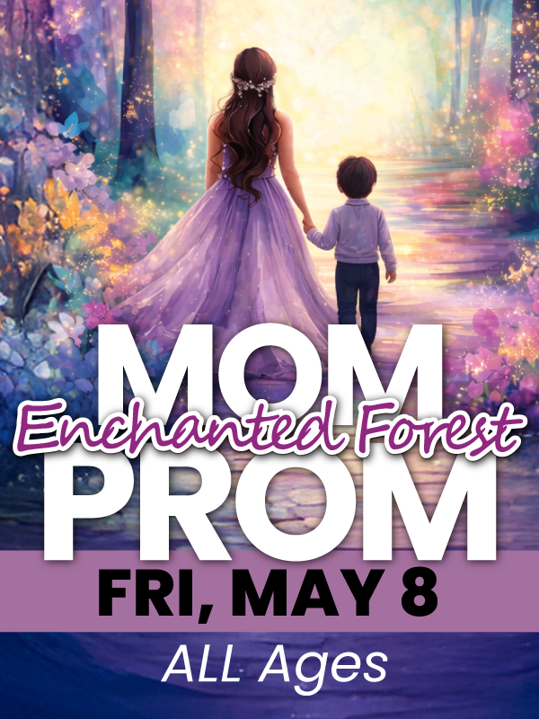 A woman in a long purple dress holds a child's hand on a path in a whimsical, colorful, flower-filled forest. Text: MOM PROM.