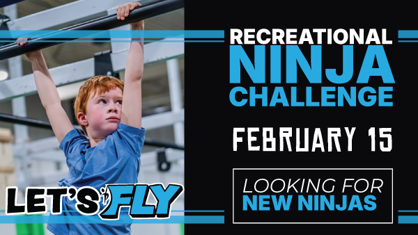 Boy gripping bars at a ninja challenge. Advertisement for February 15 event, 