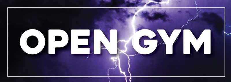 The word open gym is on a purple background with lightning