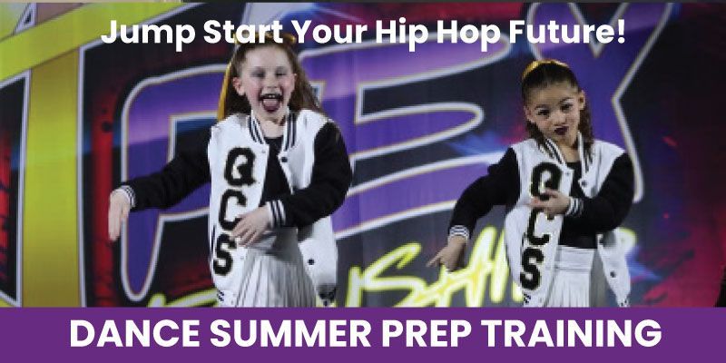 Two girls are dancing in front of a sign that says jump start your hip hop future