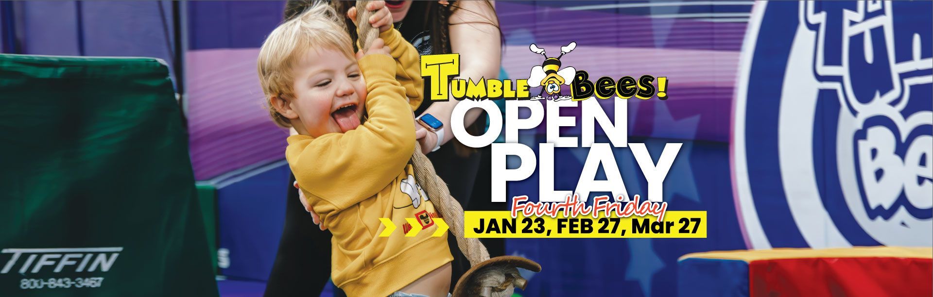 A smiling child on a rope, the words "OPEN PLAY", and "FRIDAY, JAN 23" are written over the background.
