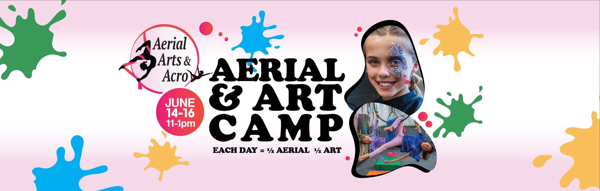 Aerial art camp banner with colorful paint splashes, bold text, and a smiling child holding art supplies.